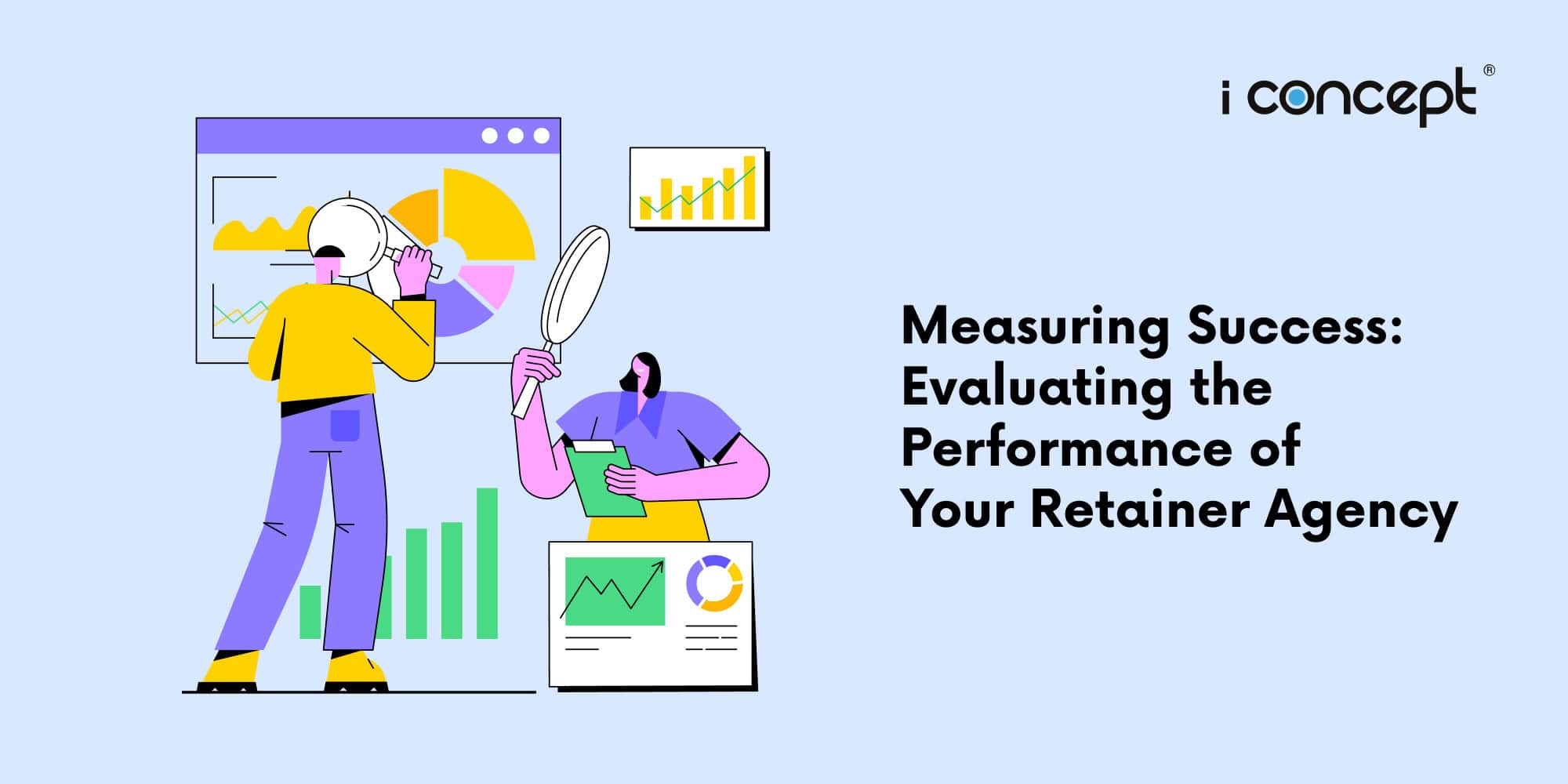 An abstract illustration of professionals reviewing their website and social metrics - I Concept Singapore