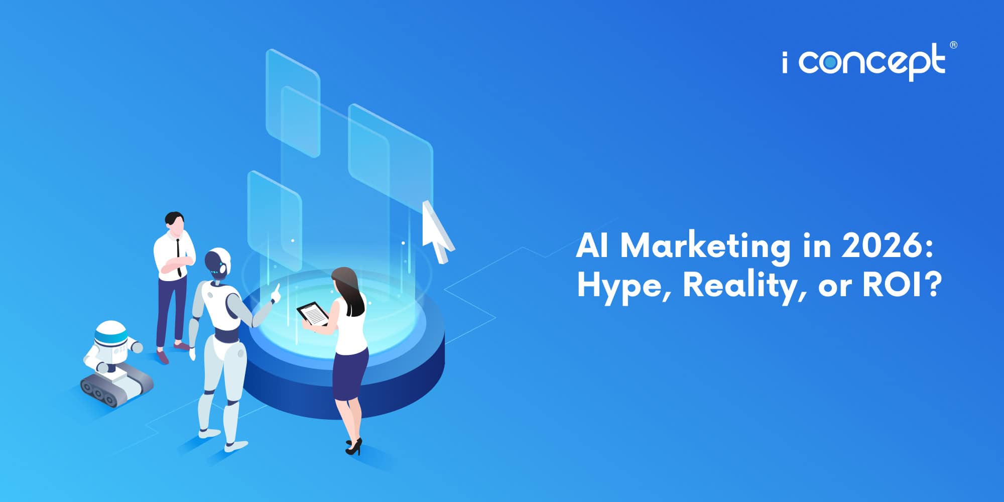 Marketing professionals working alongside an abstract representation of AI - I Concept Singapore