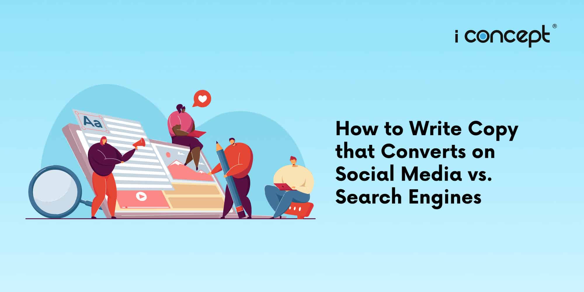 Abstract illustration of a team of creatives working on a social page - I Concept Singapore