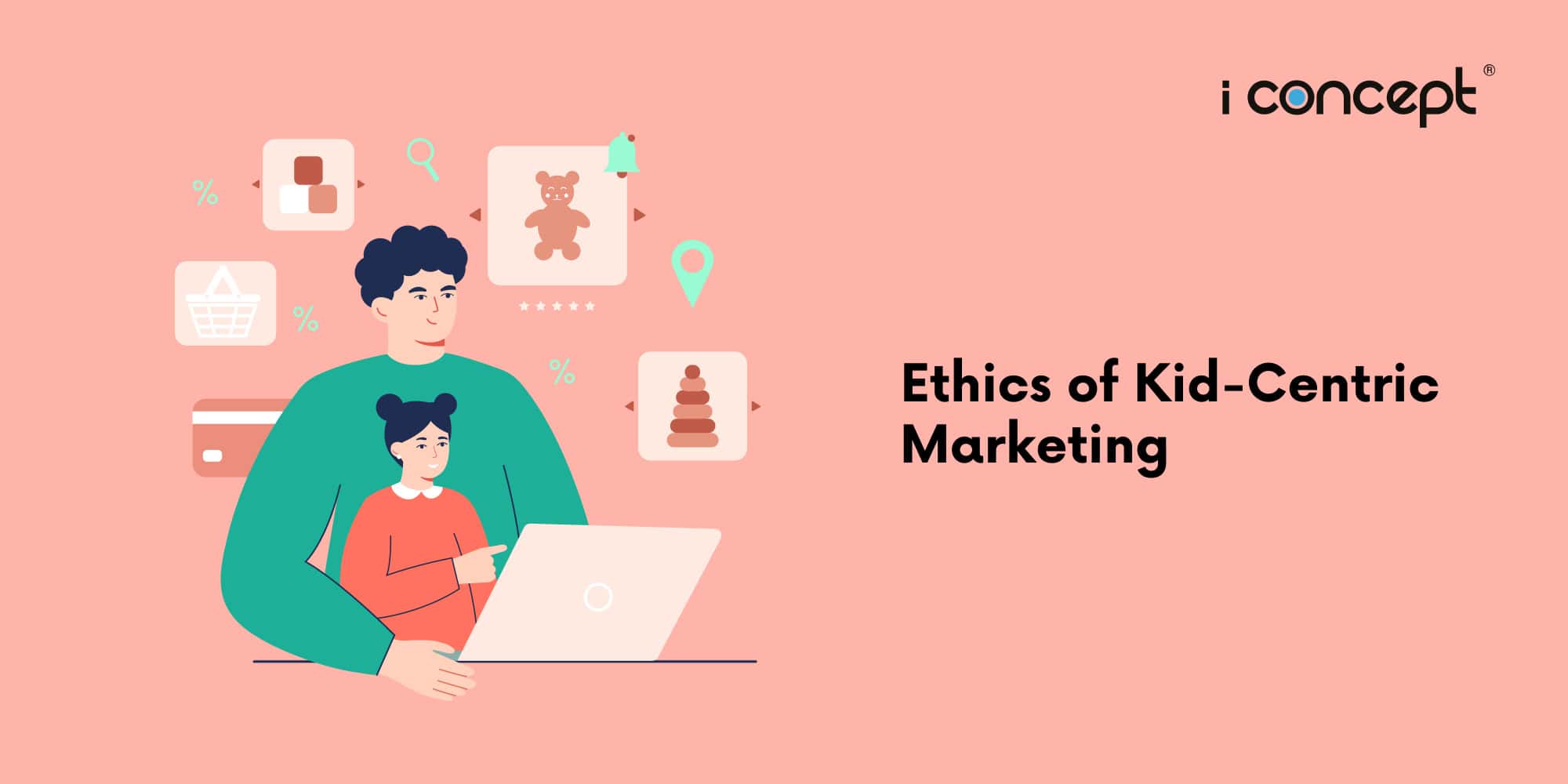 Abstract illustration of a parent guiding a child on a laptop - I Concept Singapore