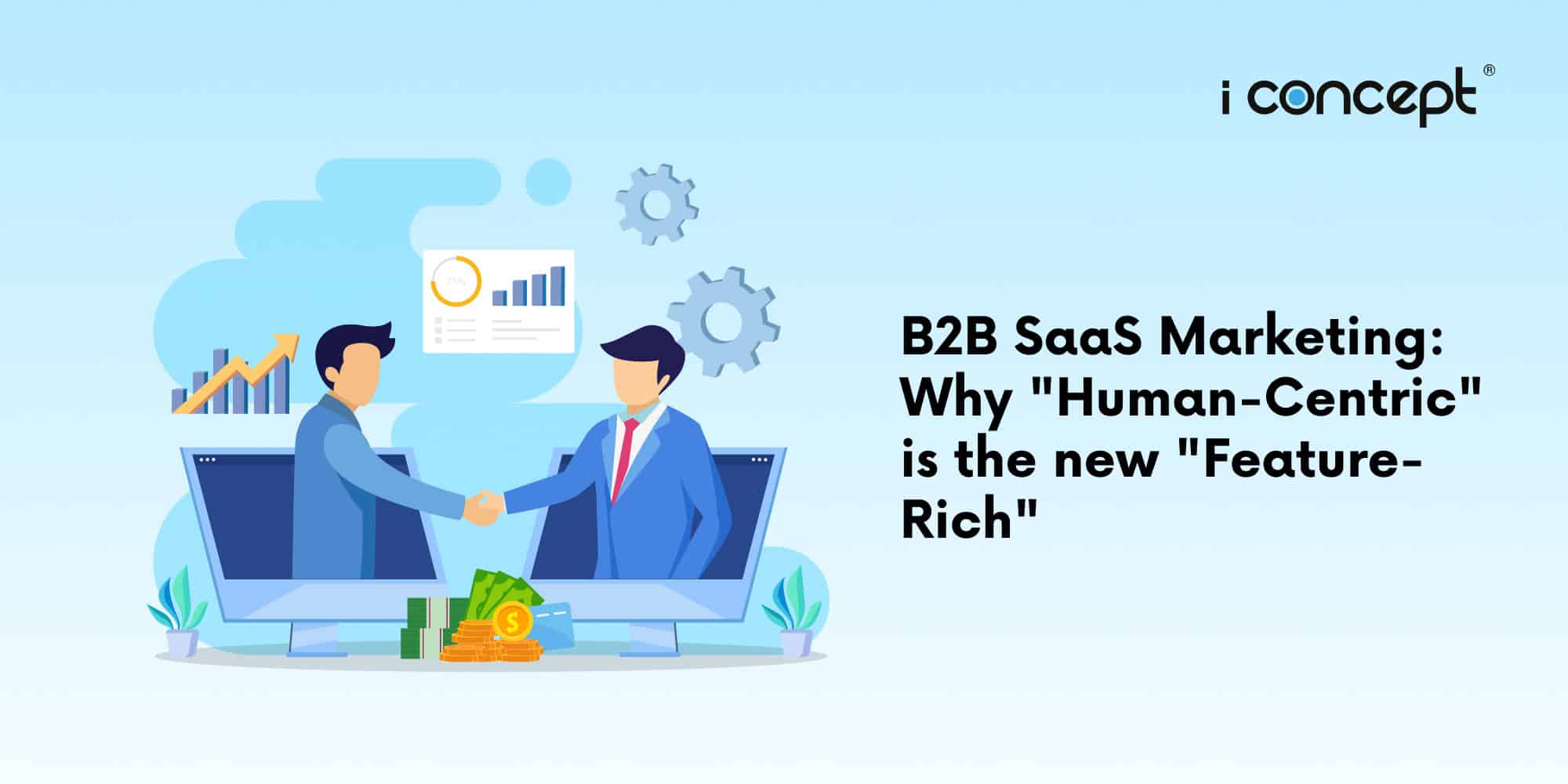 Abstract illustration depicting human-centric digital business partnerships in the SaaS industry - I Concept Singapore