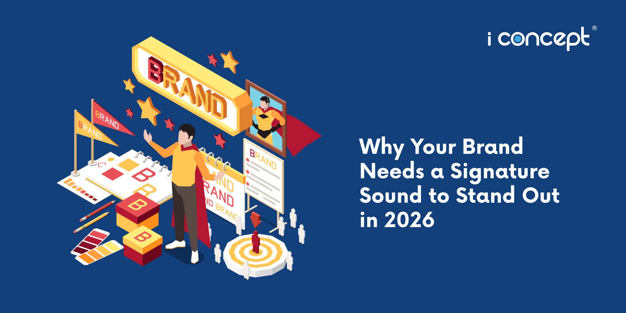 Abstract isometric graphic regarding brand differentiation and signature sounds in 2026 - I Concept Singapore
