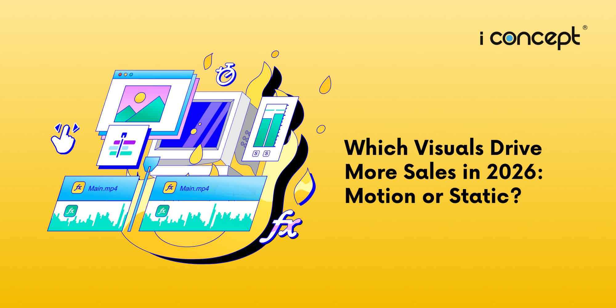 Abstract illustration of multiple screens showing static images and videos - I Concept Singapore