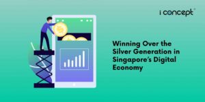 Abstract illustration of a giant smartphone with a rising bar graph on its screen, and a personal investing in it - I Concept Singapore