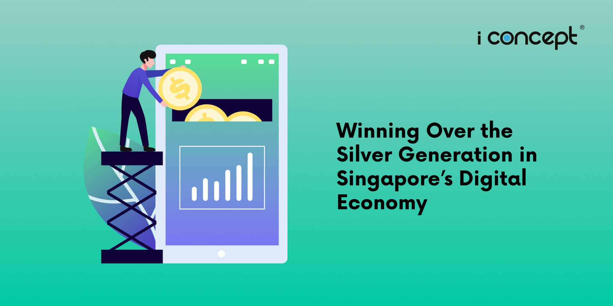 Abstract illustration of a giant smartphone with a rising bar graph on its screen, and a personal investing in it - I Concept Singapore