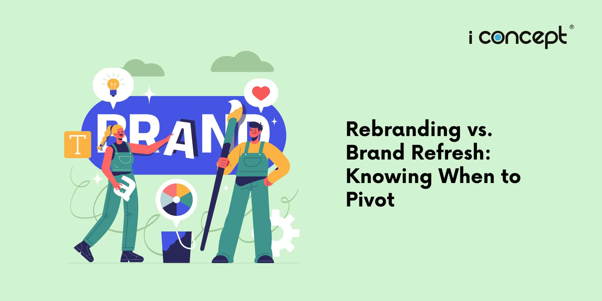 Abstract illustration of two creatives working on a brand refresh - I Concept Singapore